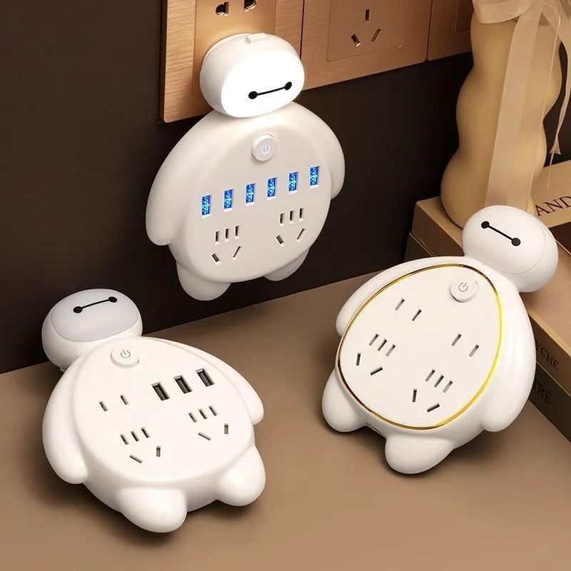 Creative Baymax-Style Multi-Function Power Strip – USB Socket Adapter with Light-Sensing Night Light for Bathroom & Hallway - Image 2