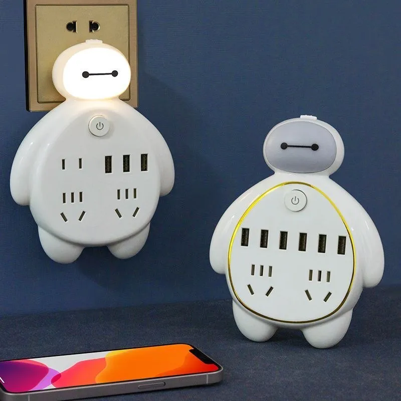 Creative Baymax-Style Multi-Function Power Strip – USB Socket Adapter with Light-Sensing Night Light for Bathroom & Hallway - Image 3