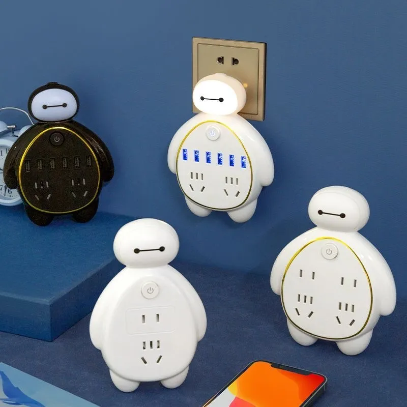 Creative Baymax-Style Multi-Function Power Strip – USB Socket Adapter with Light-Sensing Night Light for Bathroom & Hallway showcase 1