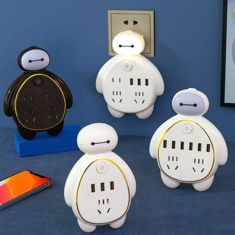Creative Baymax-Style Multi-Function Power Strip – USB Socket Adapter with Light-Sensing Night Light for Bathroom & Hallway showcase 3