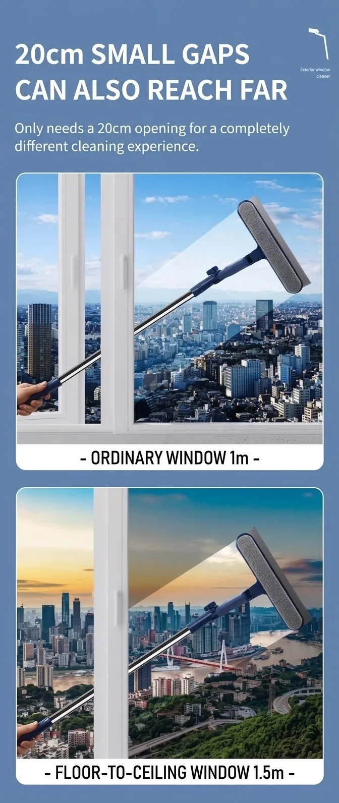 Double-Sided Glass Window Squeegee – High-Rise Window Cleaning Tool, Household Exterior Window Cleaner & Cleaning Set showcase 1