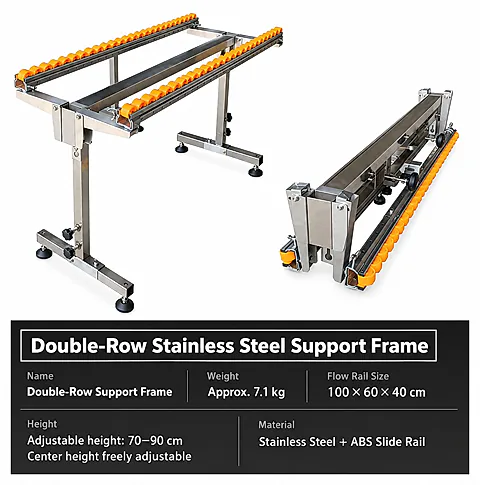Adjustable Double-Row Folding Flow Rail Support Stand for Woodworking Saw Tables and Material Feeding Conveyor