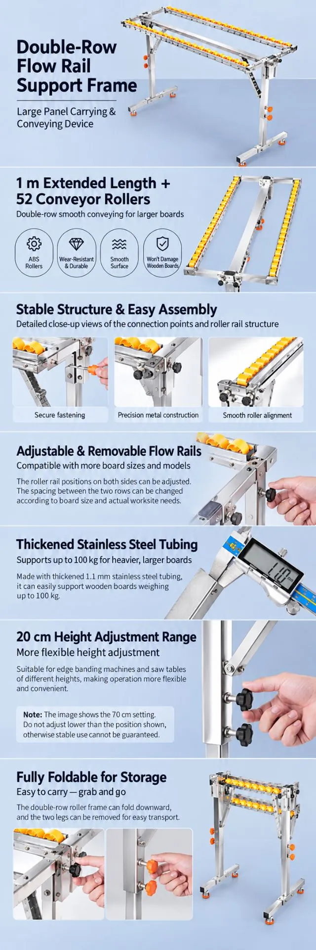 Adjustable Double-Row Folding Flow Rail Support Stand for Woodworking Saw Tables and Material Feeding Conveyor showcase 1