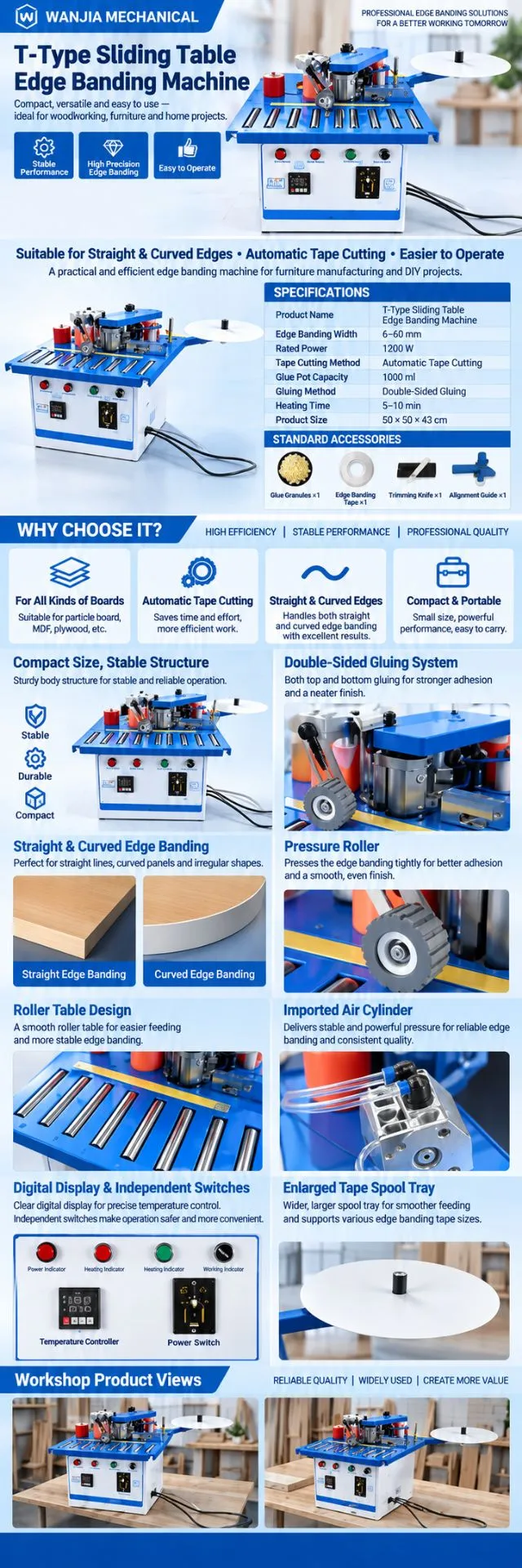 Compact T-Type Sliding Table Edge Banding Machine for Curved & Irregular Wood Panels – Woodworking & Home Furniture Use showcase 1