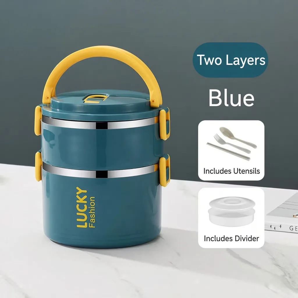 [Blue And Yellow-2 Layers]Utensils+Smiley Insulated Bag