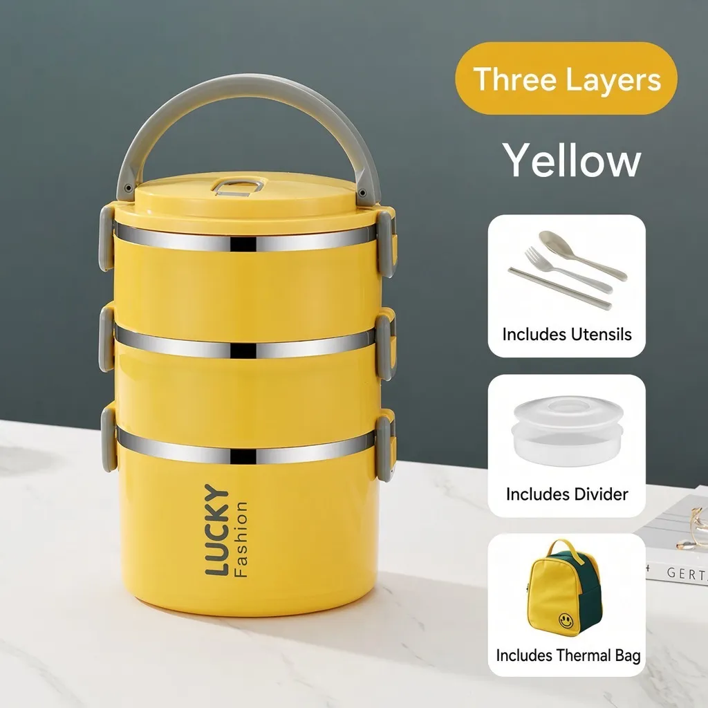 [Yellow And Gray-3 Layers]+Utensils+Smiley |Insulated Bag