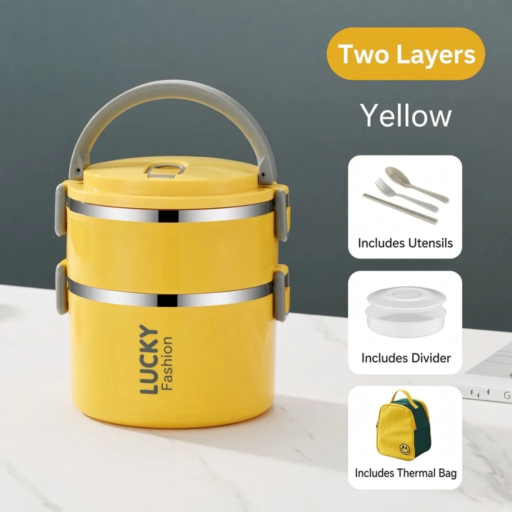 [Yellow And Gray-2 Layers]+Utensils+Smiley | Insulated Bag