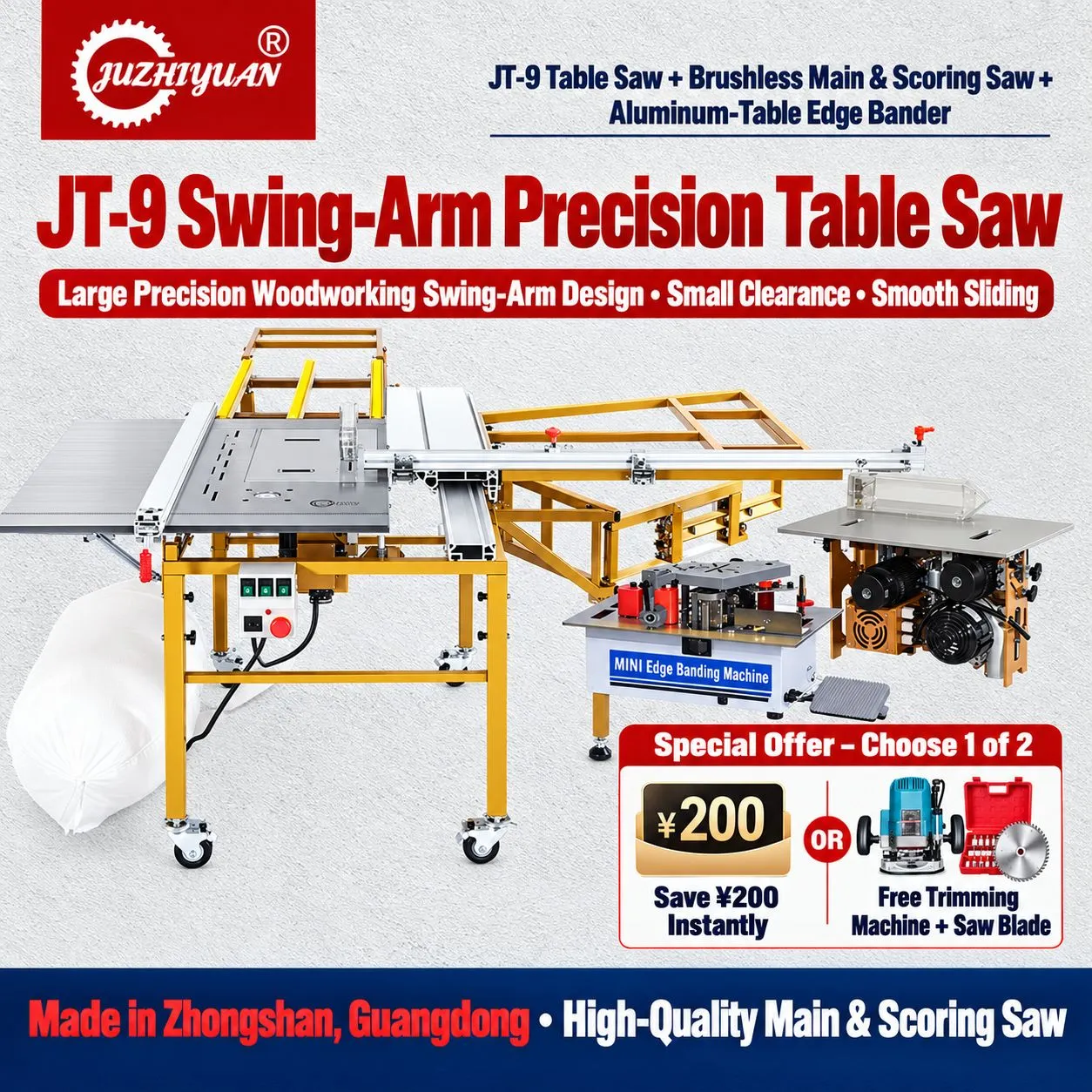 Multifunction Precision Dust-Free Woodworking Table Saw with Folding Arm, Sliding Table & Integrated Cutting System - Image 1