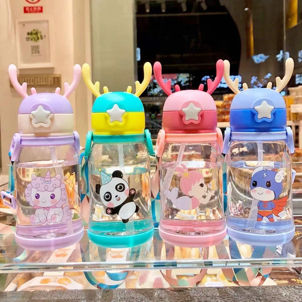 Large Capacity Kids Straw Water Bottle with Shoulder Strap - Anti-Scald & Leakproof - BPA-Free Clear Cartoon Cup for Kindergarten & School - 600ml Cute Drinking Bottle thumbnail 2