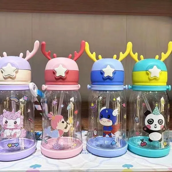 Large Capacity Kids Straw Water Bottle with Shoulder Strap - Anti-Scald & Leakproof - BPA-Free Clear Cartoon Cup for Kindergarten & School - 600ml Cute Drinking Bottle thumbnail 1