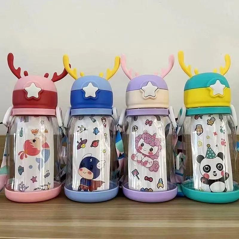 Large Capacity Kids Straw Water Bottle with Shoulder Strap - Anti-Scald & Leakproof - BPA-Free Clear Cartoon Cup for Kindergarten & School - 600ml Cute Drinking Bottle thumbnail 6