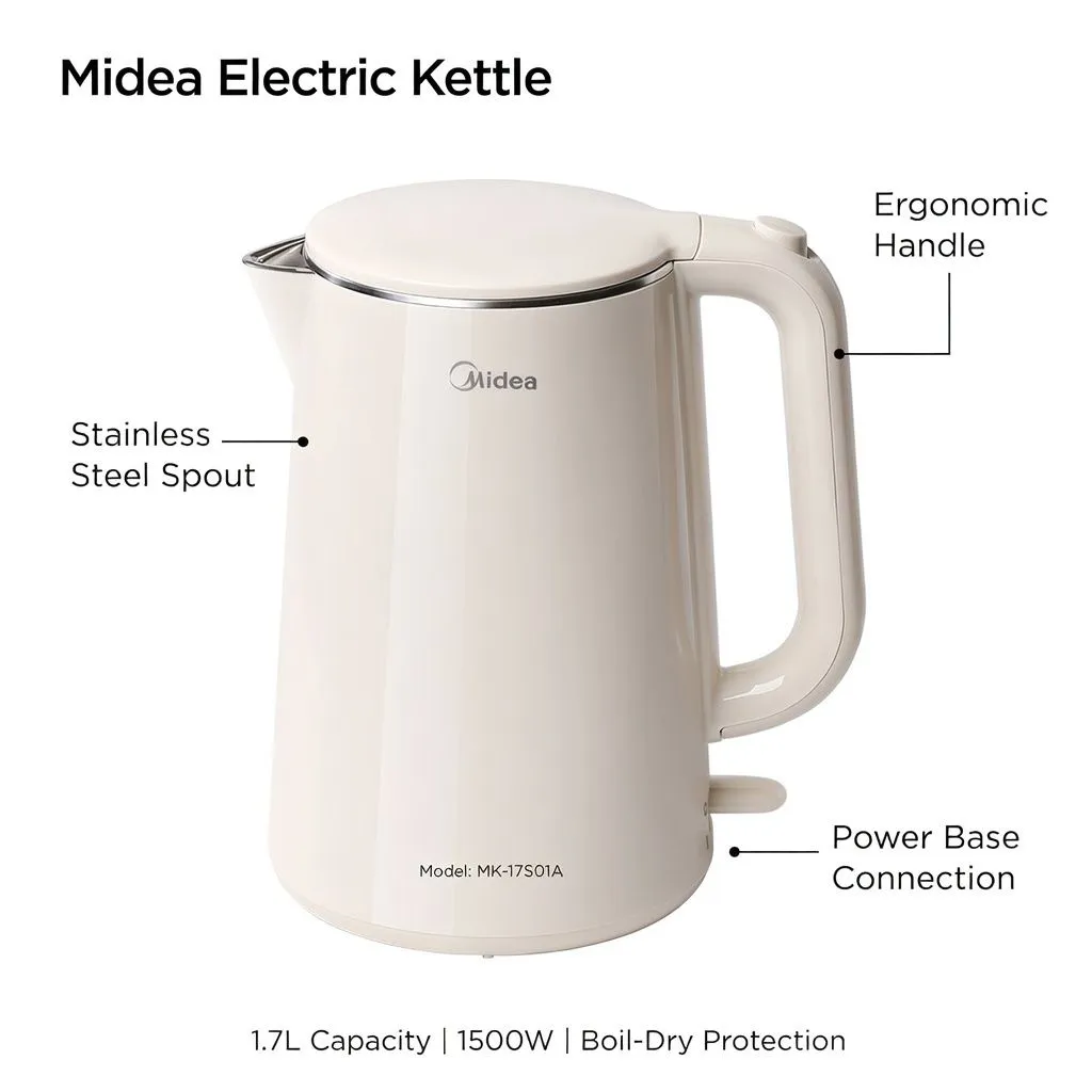 Midea 1.5L/1.7L Electric Kettle | 304 Food-Grade Stainless Steel Seamless Liner | 1500W Fast Boil with Auto Shut-Off & Boil-Dry Protection | Durable Integrated Household Water Boiler