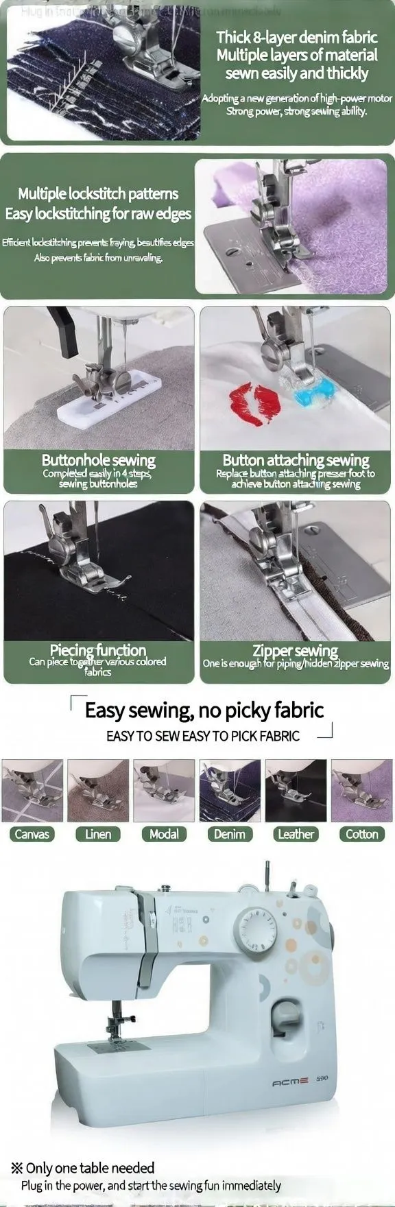 ACME 590 Portable Electric Household Sewing Machine with 4-Step Buttonhole and Multi-Stitch Selection for Beginners showcase 1