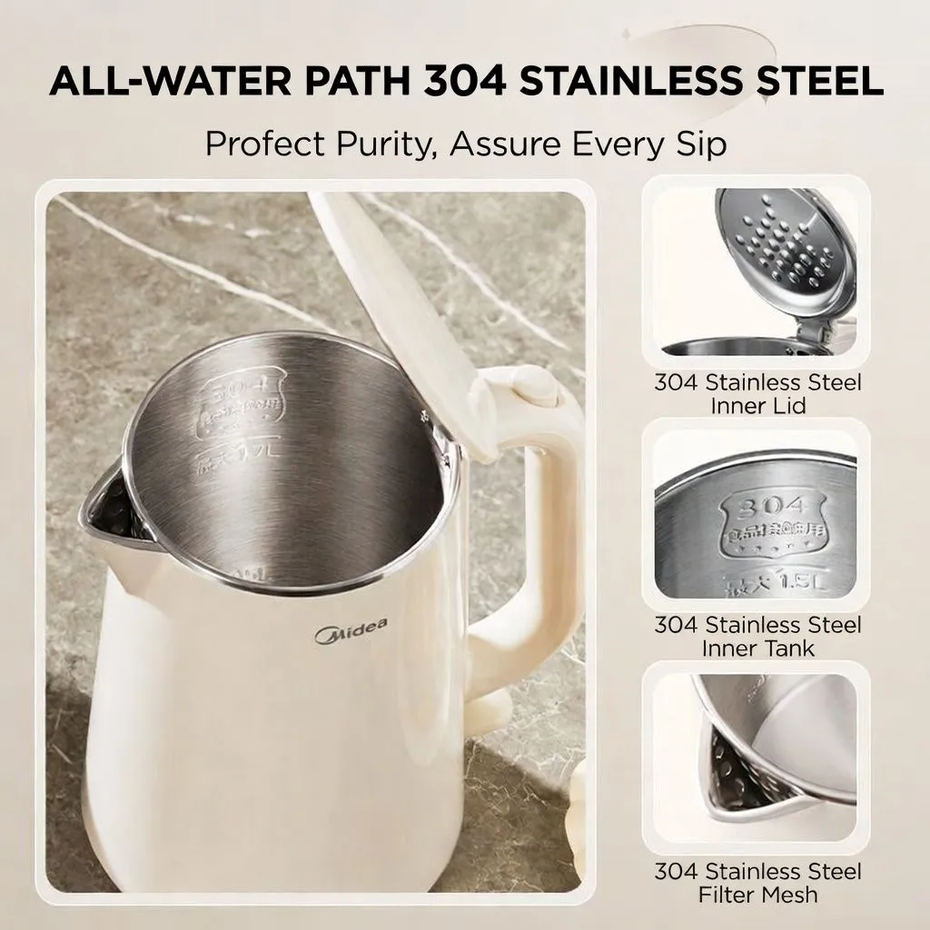 Midea 1.5L/1.7L Electric Kettle | 304 Food-Grade Stainless Steel Seamless Liner | 1500W Fast Boil with Auto Shut-Off & Boil-Dry Protection | Durable Integrated Household Water Boiler showcase 2
