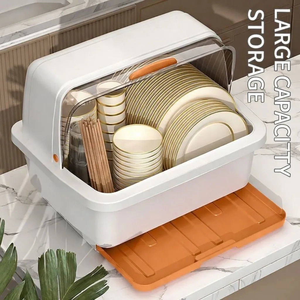 2026 Multi-Functional Kitchen Dish Drying Rack with Dust-Proof Lid | Large Capacity Tableware Storage Box & Drainer | Space-Saving Plastic Cupboard for Bowls, Plates & Utensils showcase 1
