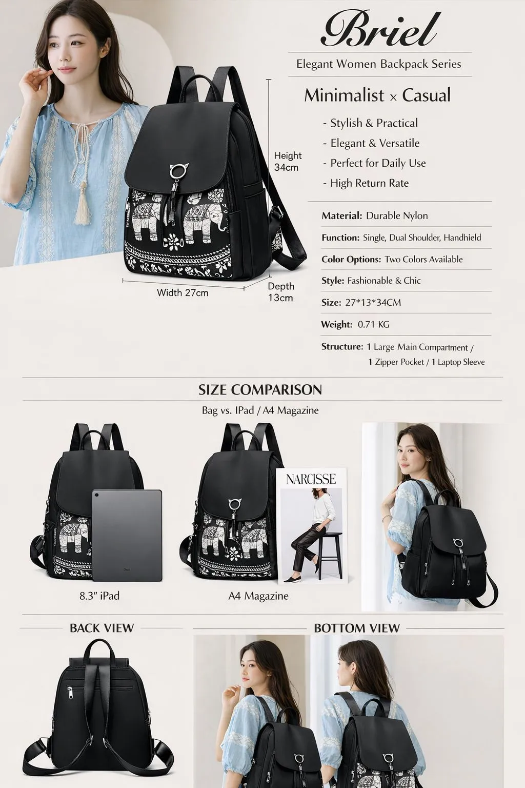 Oxford Fabric Women Backpack Large Capacity Fashion Casual Travel School Bag Lightweight Student Backpack for Daily Use showcase 1