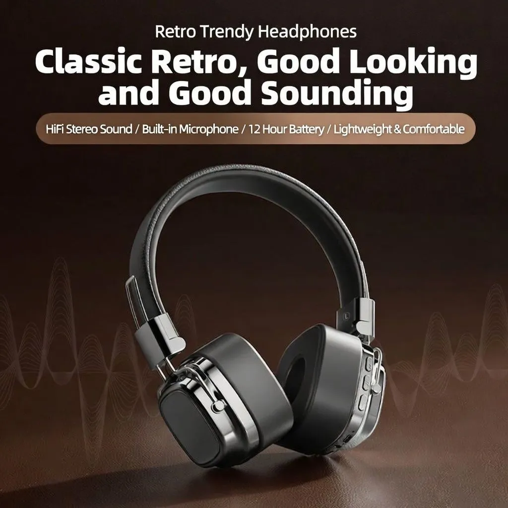 Retro Stylish Over-Ear Bluetooth Headphones Wireless High-Quality Headset with Mic for Android, iPhone, Music, Calls, and Gaming thumbnail 4