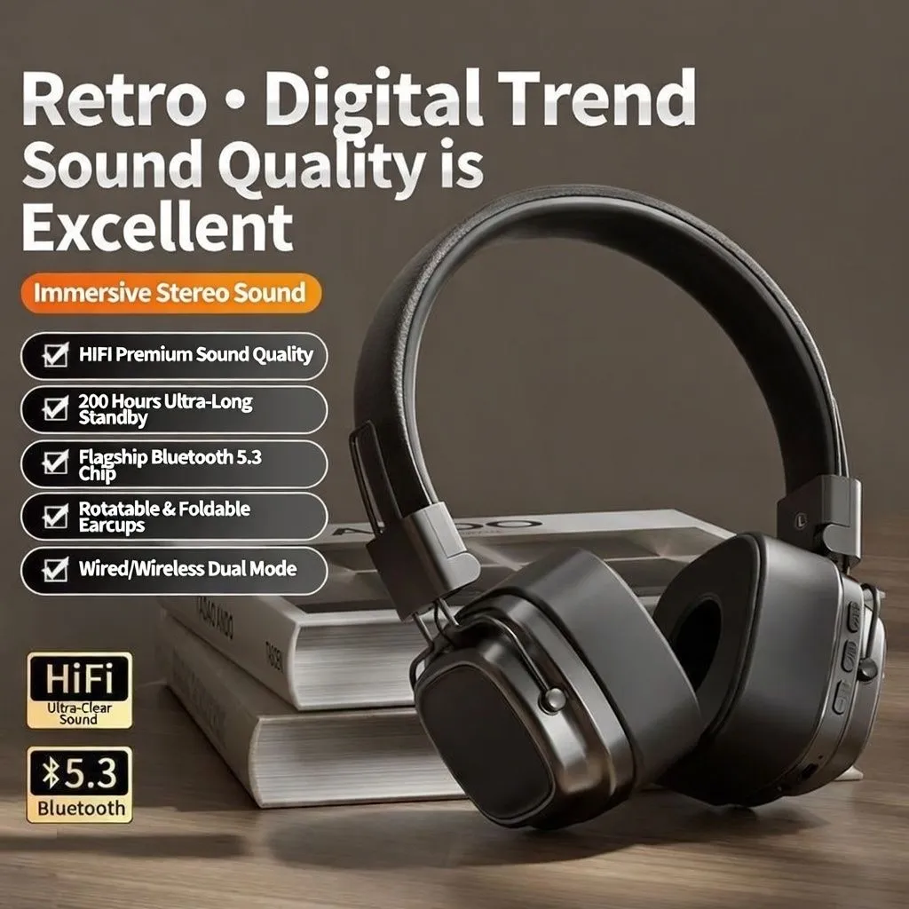 Retro Stylish Over-Ear Bluetooth Headphones Wireless High-Quality Headset with Mic for Android, iPhone, Music, Calls, and Gaming thumbnail 2