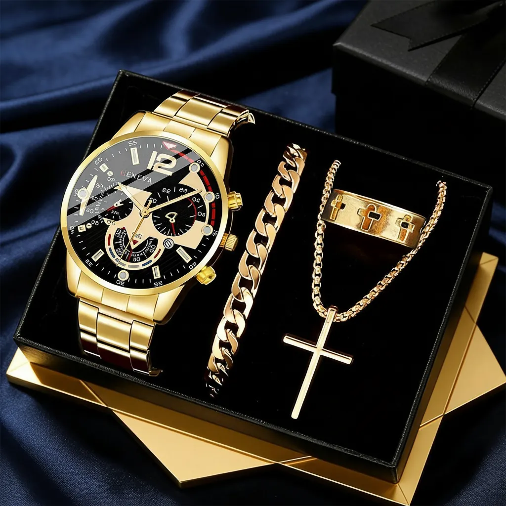 Classic Men's Fashion Business Waterproof Steel Band Quartz Watch Set with Bracelet and Cross Pendant - Elegant Gift for Him thumbnail 1
