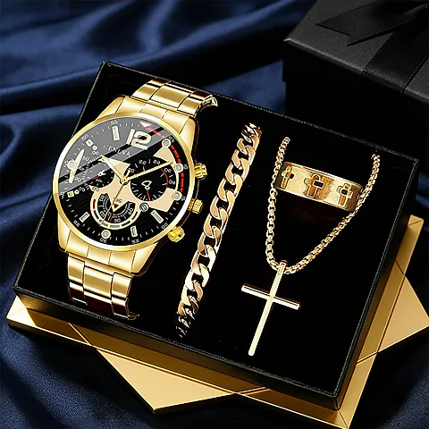 Classic Men's Fashion Business Waterproof Steel Band Quartz Watch Set with Bracelet and Cross Pendant - Elegant Gift for Him