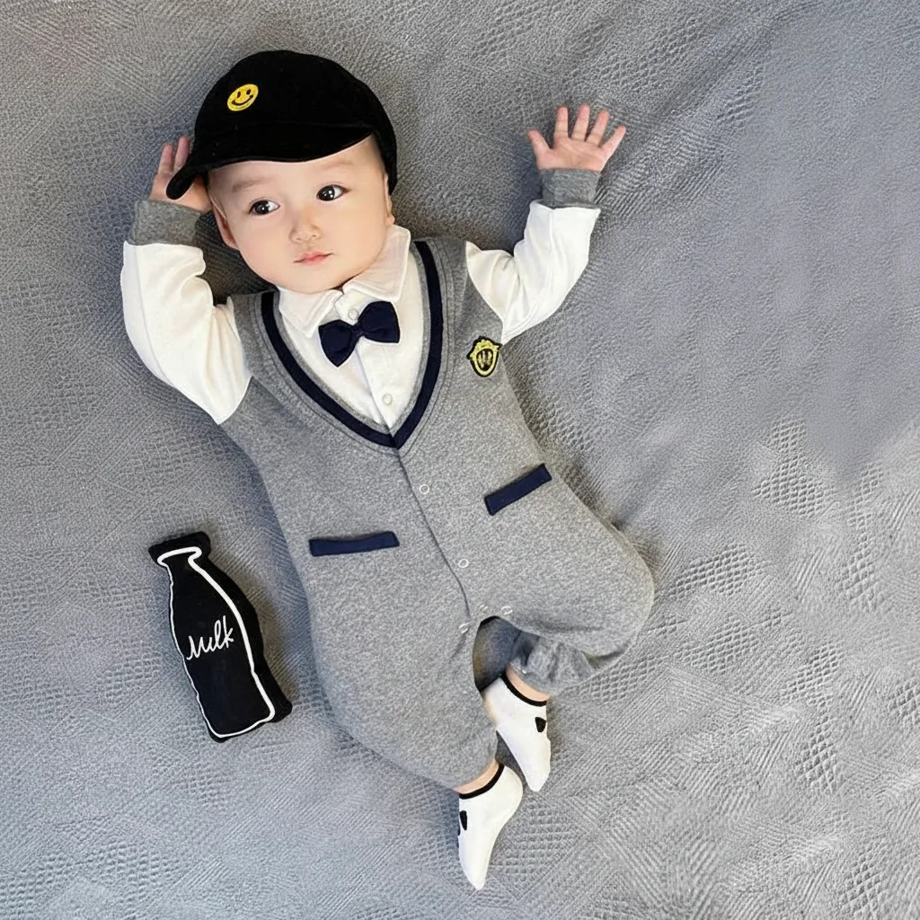 [2026 Special Occasion] Baby Boy Gentleman Onesie with Bow Tie - Perfect for First Birthday, 100-Day Celebration & Full Moon Party - Soft Cotton Romper for Infants thumbnail 1
