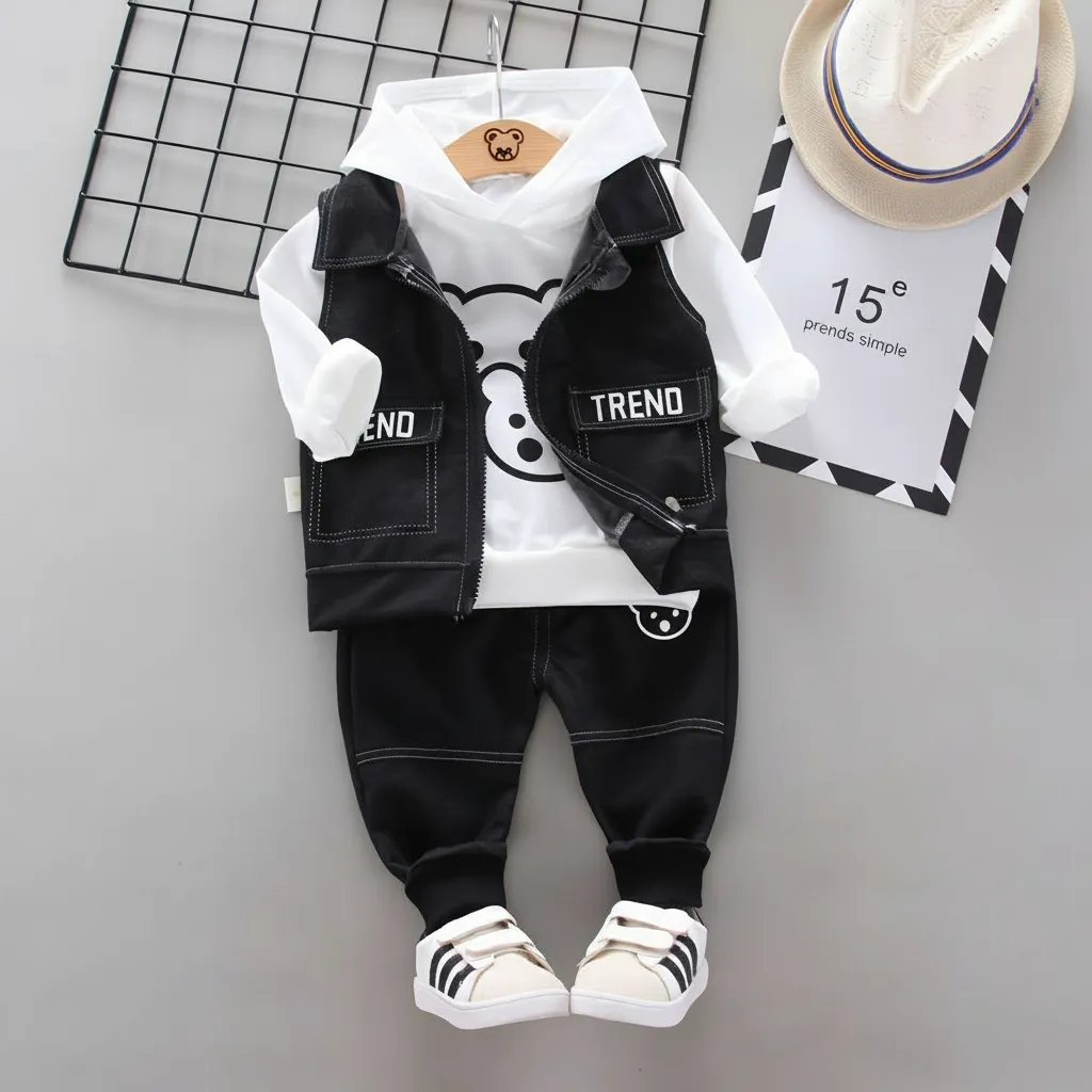 2026 New] Boys 3-Piece Spring/Autumn Clothing Set - Trendy Hoodie, Vest & Joggers - Modern "Ins" Style Layering Outfit for Toddlers & Little Boys thumbnail 1