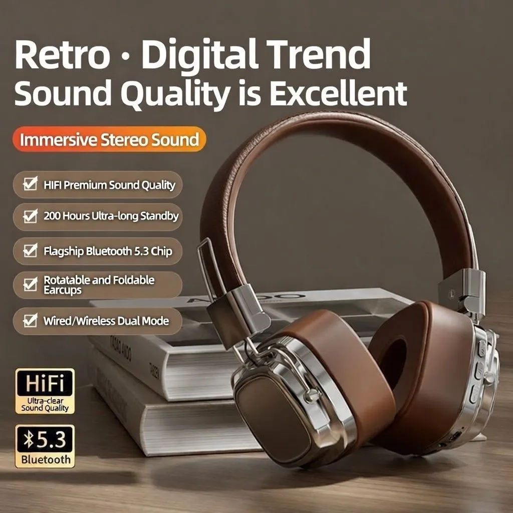 Retro Stylish Over-Ear Bluetooth Headphones Wireless High-Quality Headset with Mic for Android, iPhone, Music, Calls, and Gaming thumbnail 1