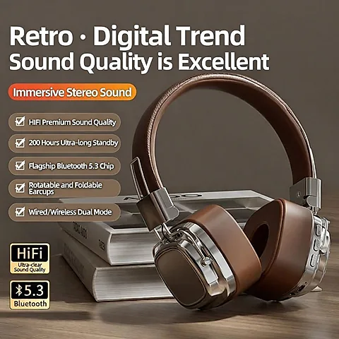 Retro Stylish Over-Ear Bluetooth Headphones Wireless High-Quality Headset with Mic for Android, iPhone, Music, Calls, and Gaming
