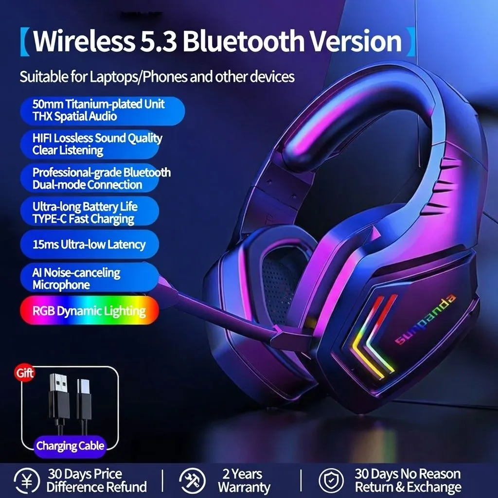 Hunter Wireless Bluetooth Gaming Headset Over-Ear with 7.1 Surround Sound, Noise-Cancelling Mic, 2.4G Wireless, Long Battery Life for PC thumbnail 1