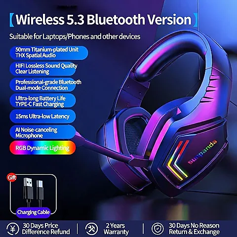 Hunter Wireless Bluetooth Gaming Headset Over-Ear with 7.1 Surround Sound, Noise-Cancelling Mic, 2.4G Wireless, Long Battery Life for PC