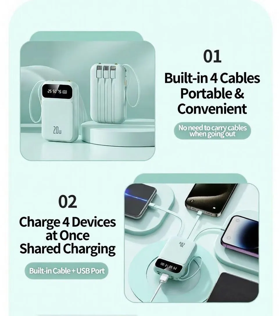 20000mAh Fast Charging Power Bank Built-in Cable Portable Charger Universal Mobile Power Bank for Smartphones showcase 2