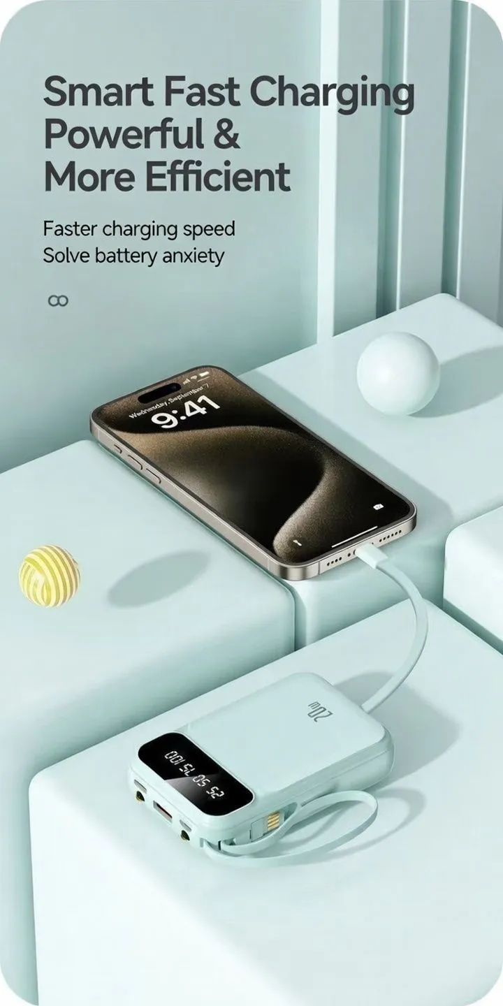 20000mAh Fast Charging Power Bank Built-in Cable Portable Charger Universal Mobile Power Bank for Smartphones showcase 6
