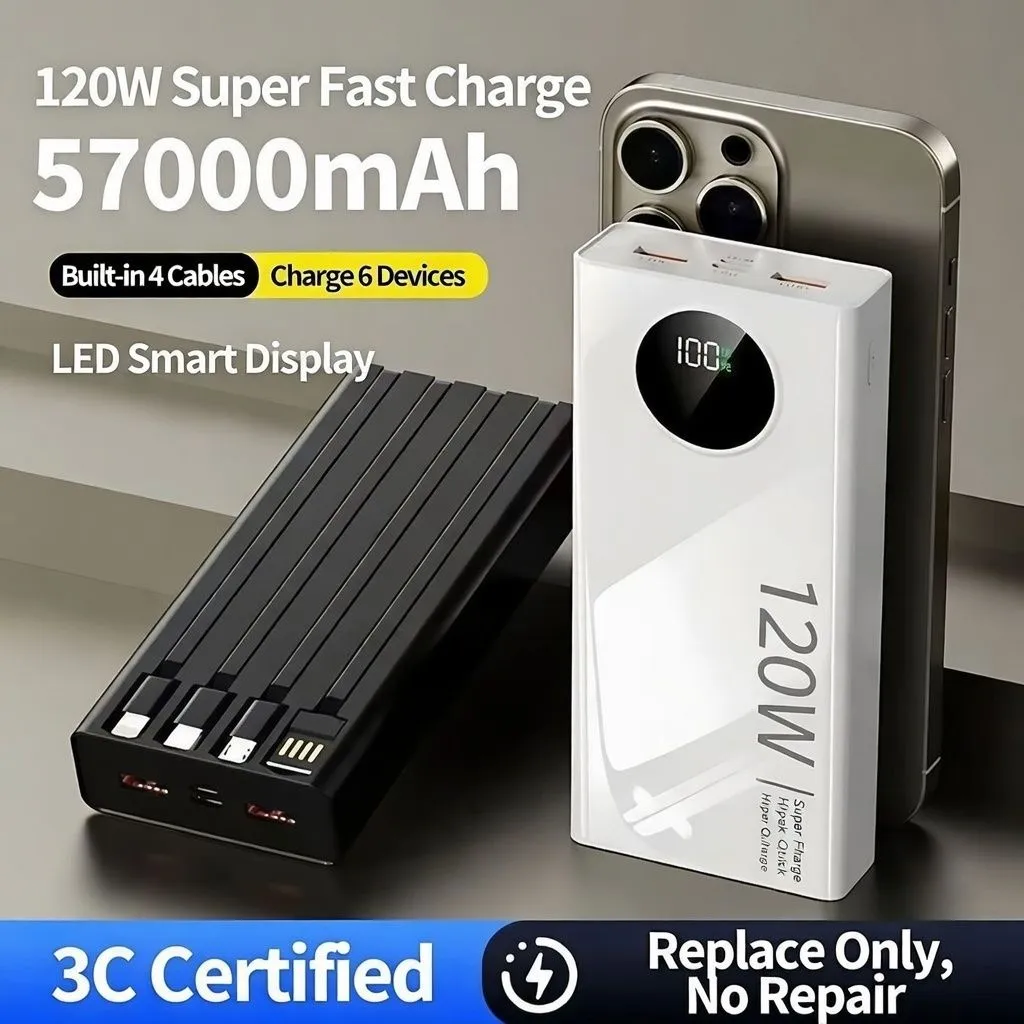 57000mAh Power Bank 120W Super Fast Charging Portable Charger with Built-in Cables High Capacity Mobile Power Bank thumbnail 4