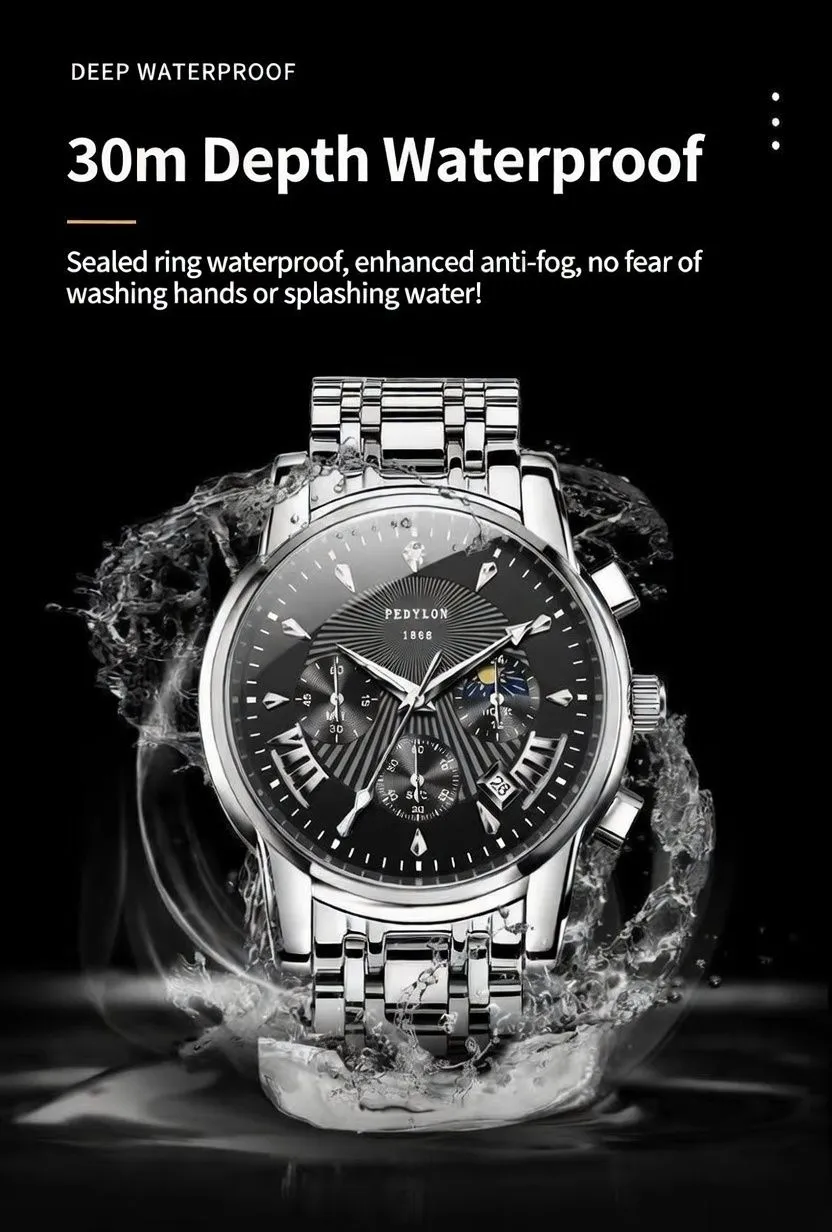 Swiss Style Automatic Mechanical Men’s Watch Waterproof Luminous Calendar Stainless Steel Business Luxury Wristwatch showcase 4