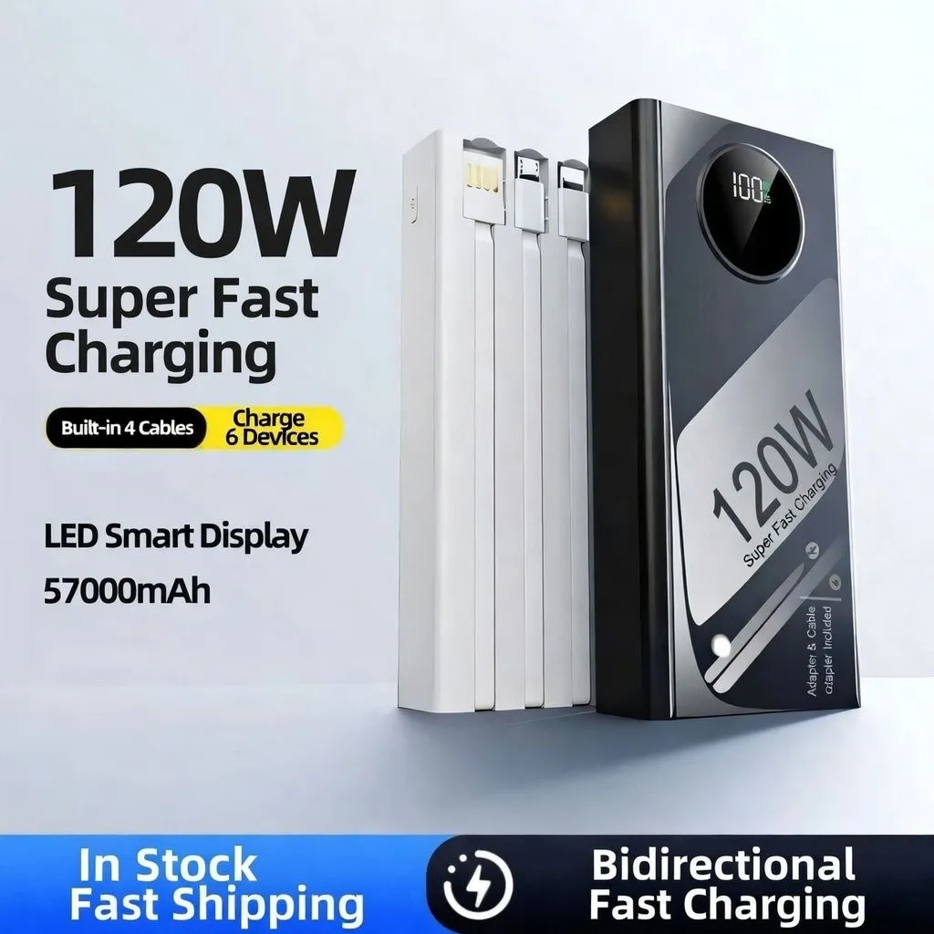 57000mAh Power Bank 120W Super Fast Charging Portable Charger with Built-in Cables High Capacity Mobile Power Bank thumbnail 5