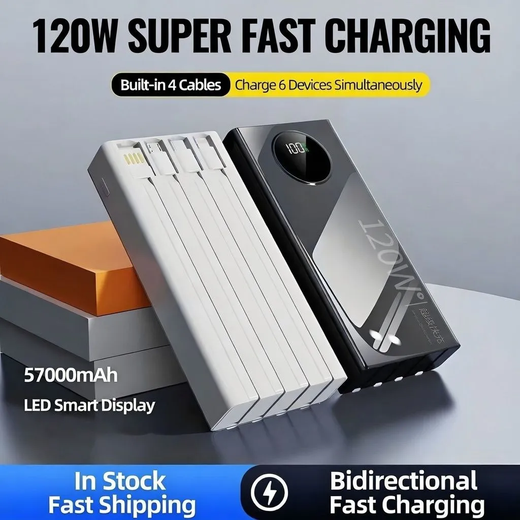 57000mAh Power Bank 120W Super Fast Charging Portable Charger with Built-in Cables High Capacity Mobile Power Bank thumbnail 6