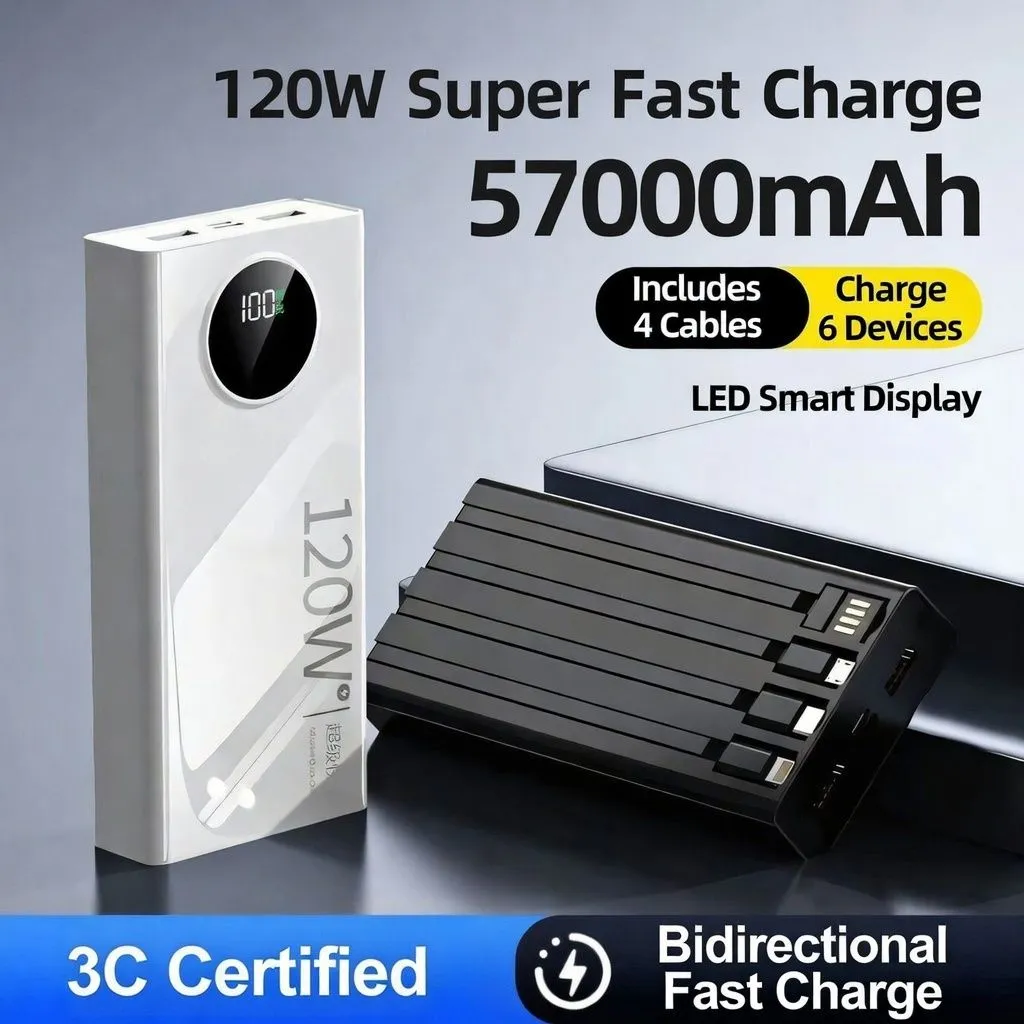 57000mAh Power Bank 120W Super Fast Charging Portable Charger with Built-in Cables High Capacity Mobile Power Bank