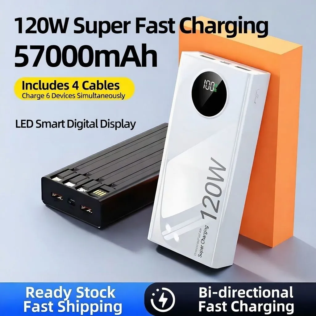 57000mAh Power Bank 120W Super Fast Charging Portable Charger with Built-in Cables High Capacity Mobile Power Bank thumbnail 8