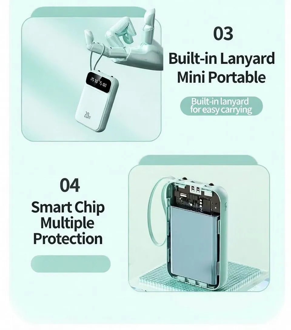 20000mAh Fast Charging Power Bank Built-in Cable Portable Charger Universal Mobile Power Bank for Smartphones showcase 3