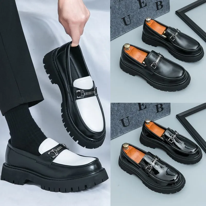 Korean Style Men’s Leather Loafers Slip On Platform Business Casual British Fashion Thick Sole Elevator Shoes thumbnail 1