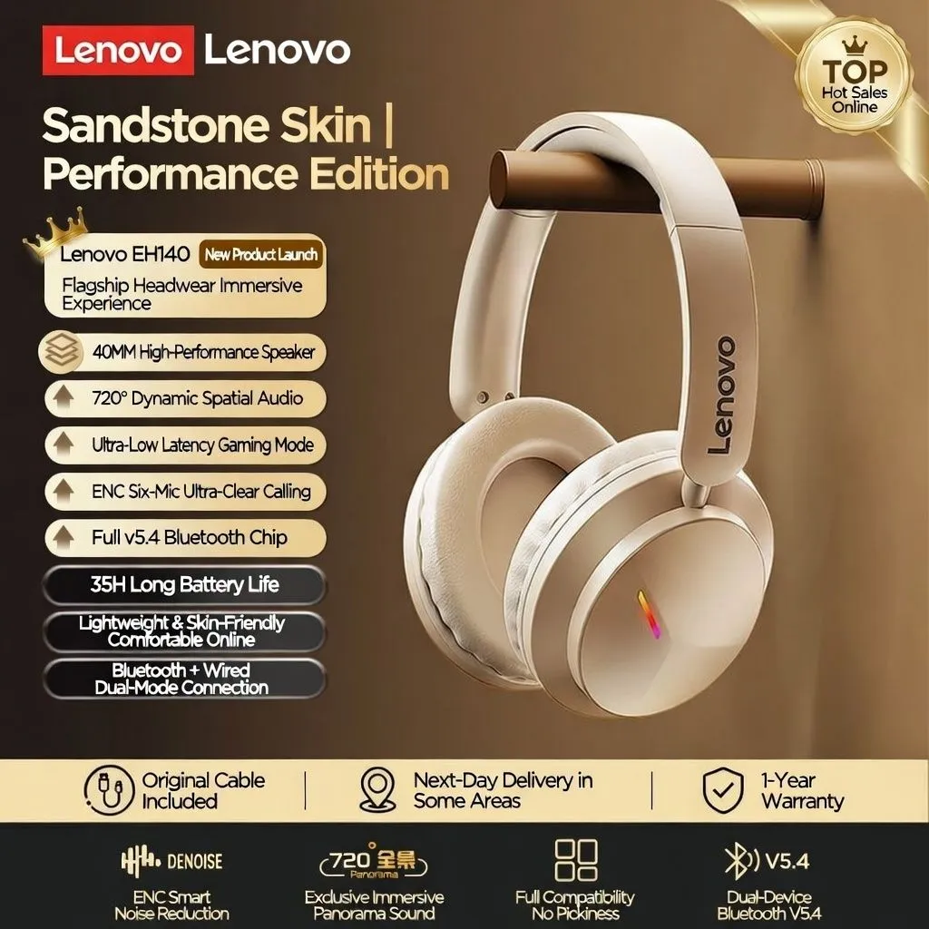 Lenovo EH140 Bluetooth Gaming Headset – Over-Ear Low-Latency Wireless Headphones with Long Battery Life for PC, Mobile, and Esports thumbnail 2