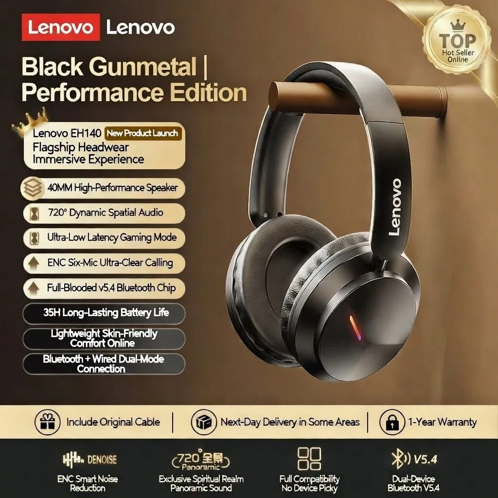 Lenovo EH140 Bluetooth Gaming Headset – Over-Ear Low-Latency Wireless Headphones with Long Battery Life for PC, Mobile, and Esports thumbnail 3