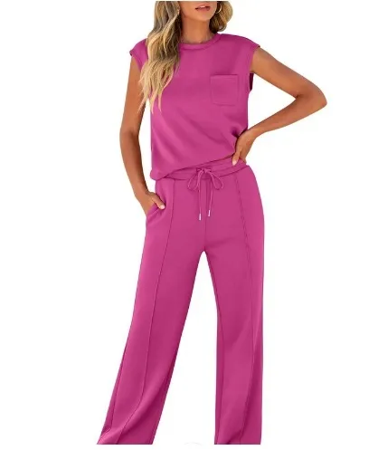 Women's Casual Two Piece Set Sleeveless Top High Waist Wide Leg Pants Solid Color Fashion Outfit thumbnail 9