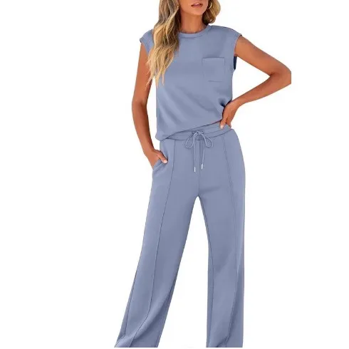Women's Casual Two Piece Set Sleeveless Top High Waist Wide Leg Pants Solid Color Fashion Outfit thumbnail 3