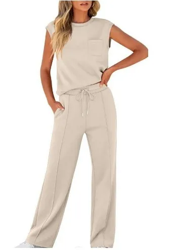 Women's Casual Two Piece Set Sleeveless Top High Waist Wide Leg Pants Solid Color Fashion Outfit thumbnail 6