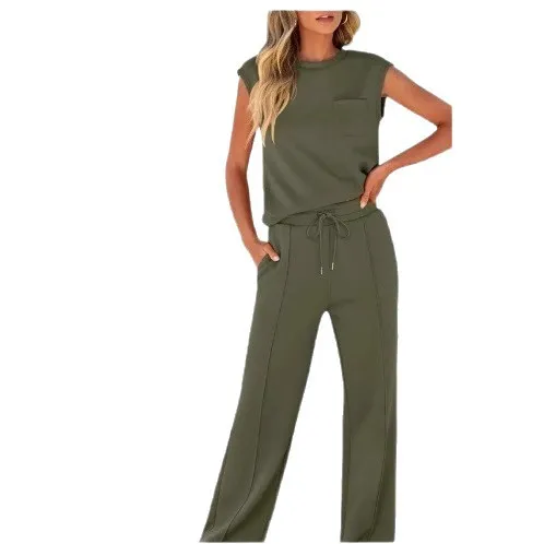 Women's Casual Two Piece Set Sleeveless Top High Waist Wide Leg Pants Solid Color Fashion Outfit thumbnail 5