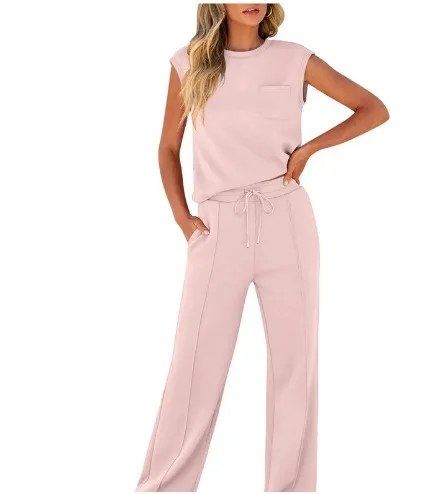 Women's Casual Two Piece Set Sleeveless Top High Waist Wide Leg Pants Solid Color Fashion Outfit showcase 9