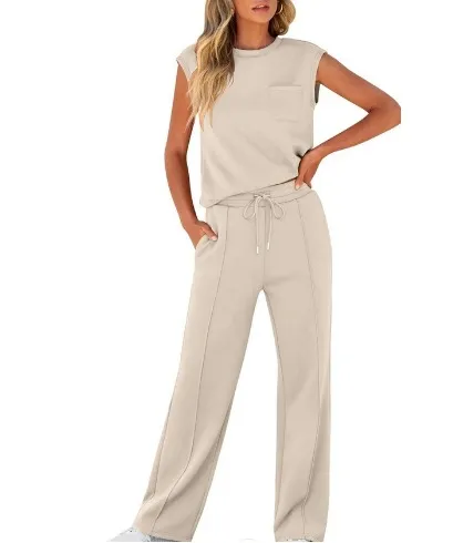 Women's Casual Two Piece Set Sleeveless Top High Waist Wide Leg Pants Solid Color Fashion Outfit showcase 5