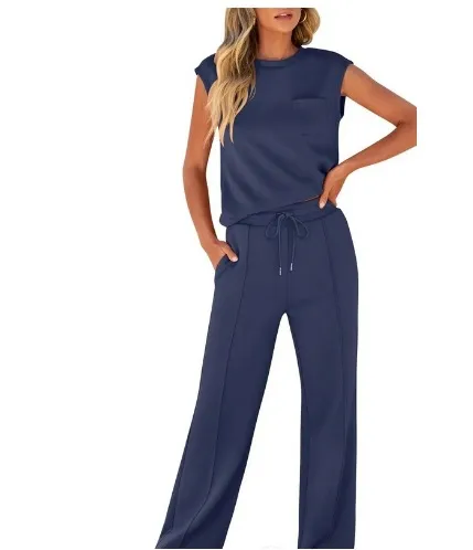 Women's Casual Two Piece Set Sleeveless Top High Waist Wide Leg Pants Solid Color Fashion Outfit showcase 7