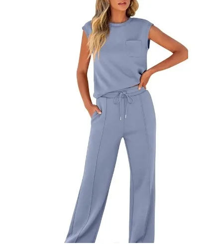 Women's Casual Two Piece Set Sleeveless Top High Waist Wide Leg Pants Solid Color Fashion Outfit showcase 10